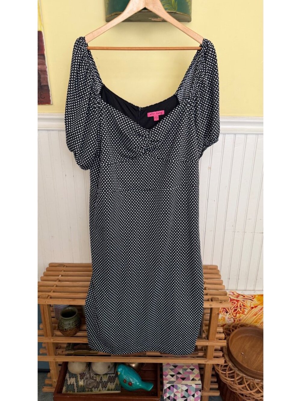 Betsey Johnson Black & White Polka Dot Dress 22W Short Sleeve Ruched Neckline